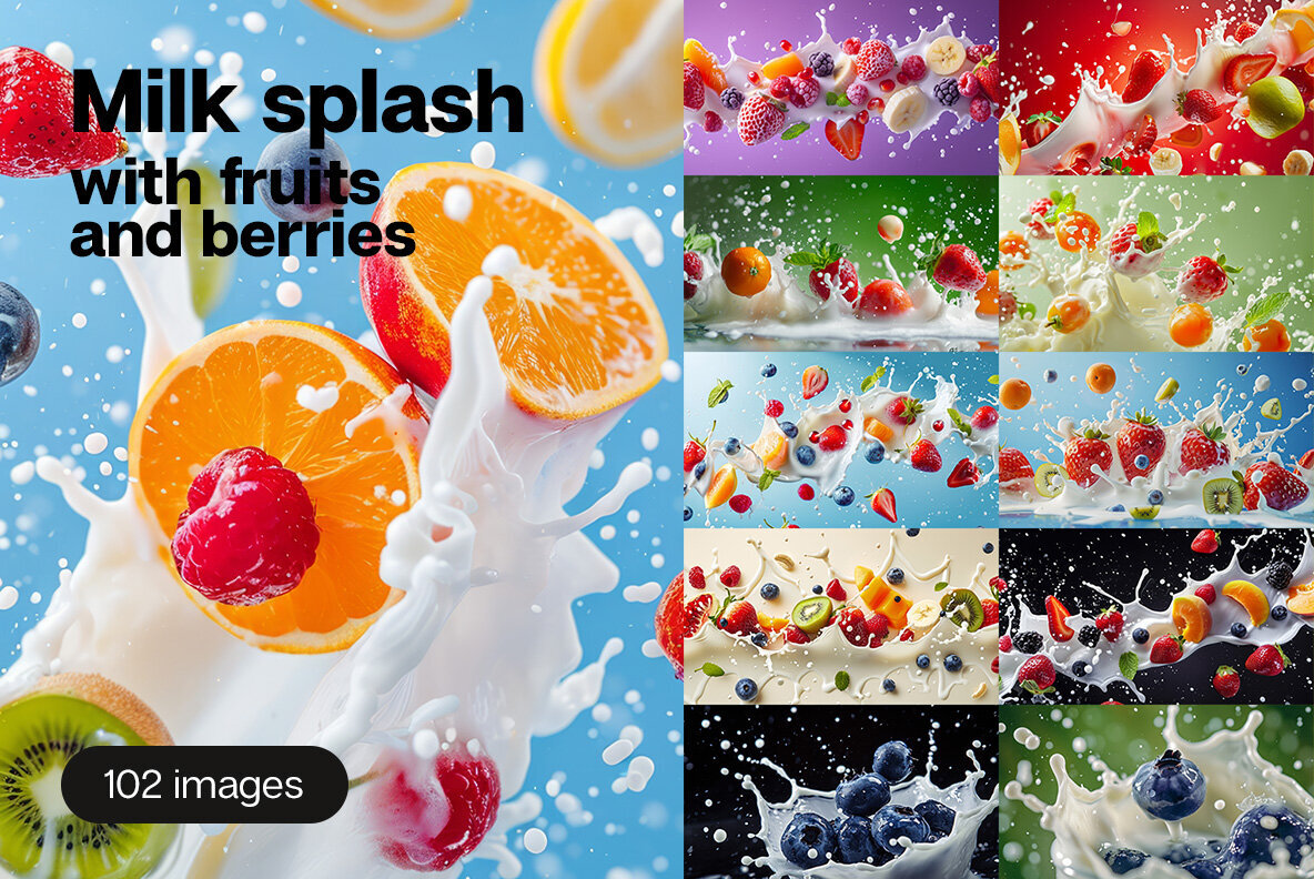 Download Milk splash with fruits and berries Graphics