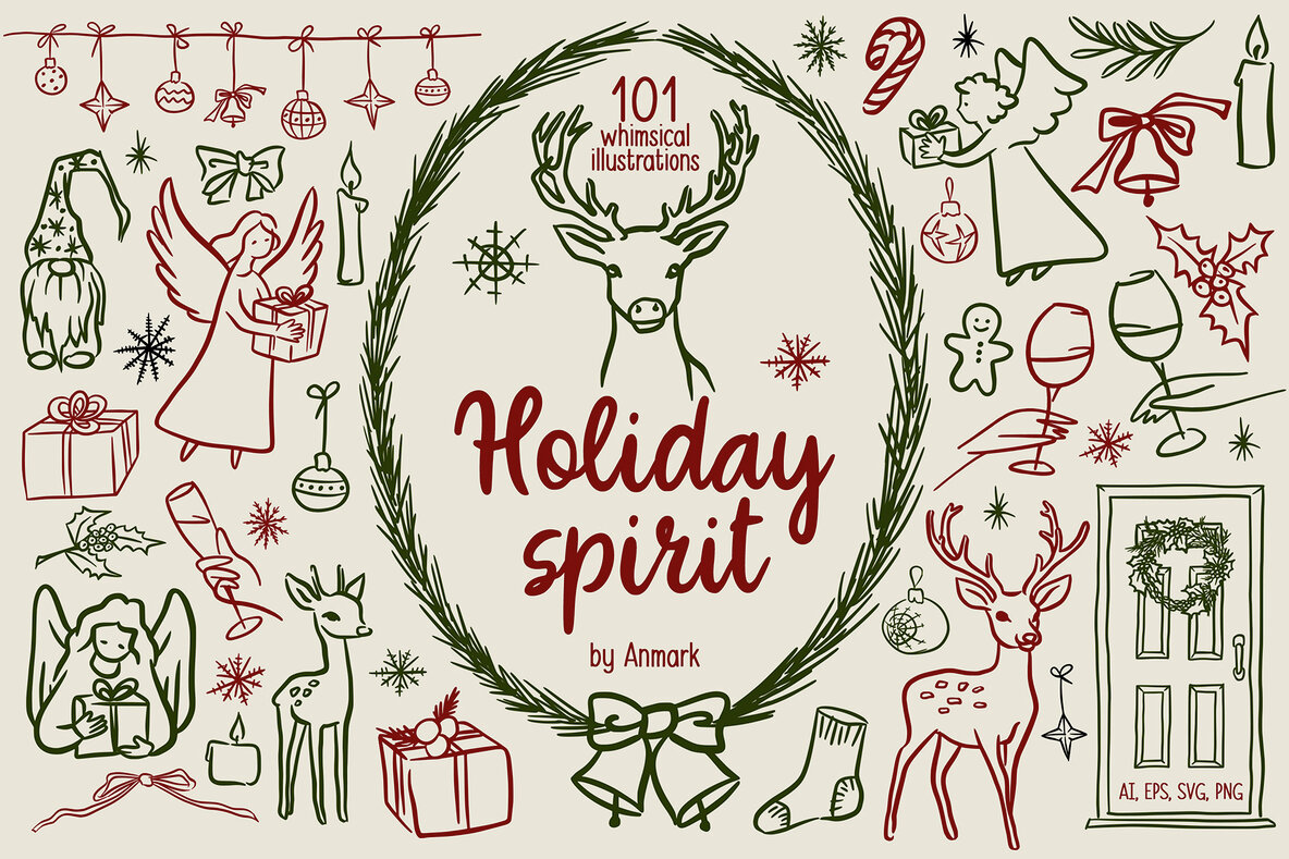 Download Whimsical Line Art Christmas Hand Drawn SVG Illustrations Graphics